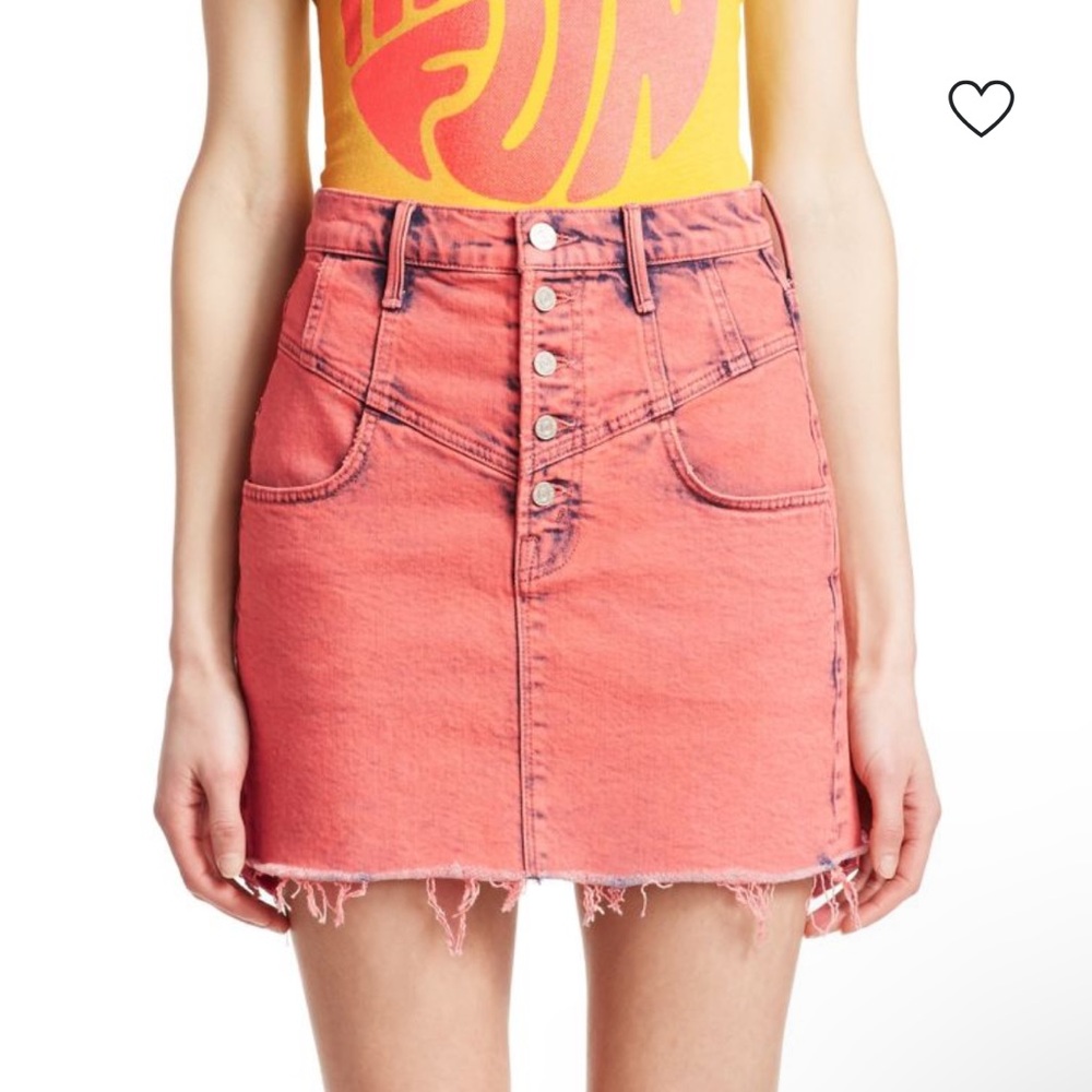 (27) Mother Superior Swooner Distressed Hem Yoke A-Line Denim Skirt Pink Small 4